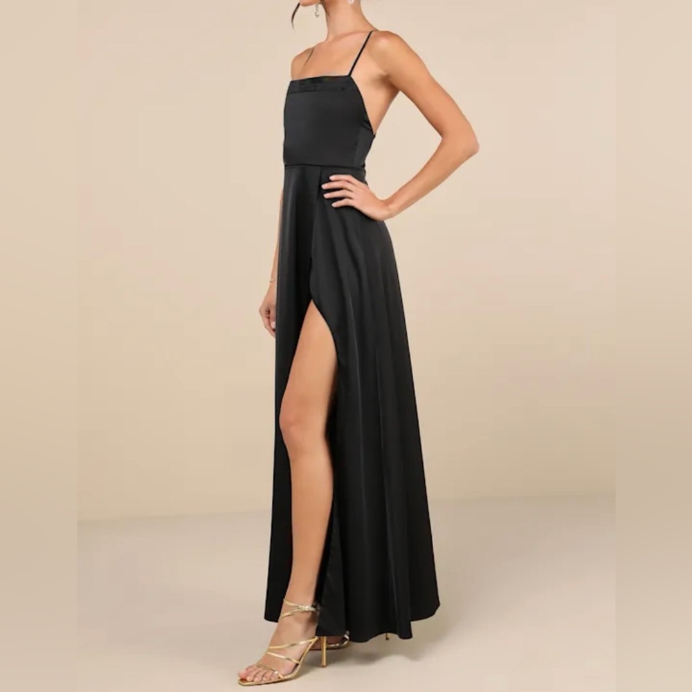 Lulus NWT “So Loving” Black Satin Pleated Lace Up Backless Maxi Dress Size Large - Picture 14 of 15